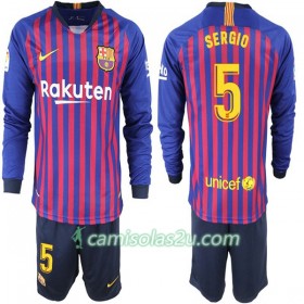 Camisolas de Futebol FC Barcelona Sergio 5 Criança Equipamento Principal 2018/19 Manga Comprida